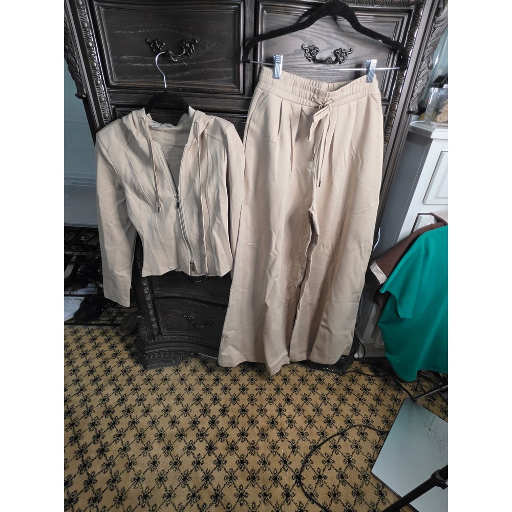 RIVIR Beige 2 Piece Set Zip Up Hoodie and Wide Leg Pants Small P5145 PI026